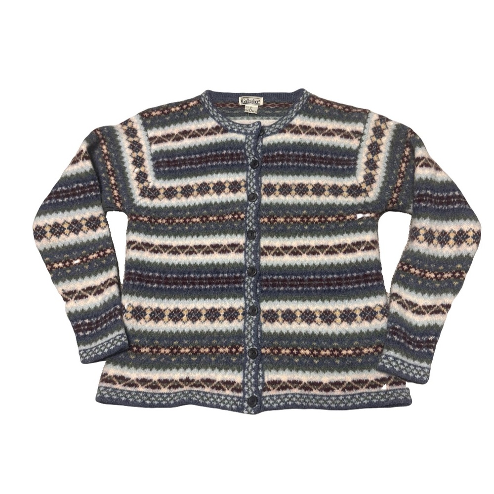 VTG Gallagher Women’s 100% Wool Blue Fair Isle Diamond Button Cardigan size L
